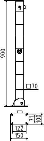 Parkeerpalen - Afzetpaal-neerklapbaar-70x70mm-bodemplaat-cilinder-en-driekantsslot-tekening